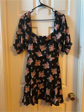 Floral Scoop Neck Black Dress with Pink Blooms